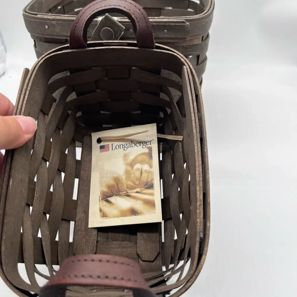 2 Longaberger Baskets Utensil Storage Basket Leather Handles DB Brown